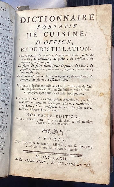 Dictionnaire Portatif de Cuisine D'Office, et de Distillation